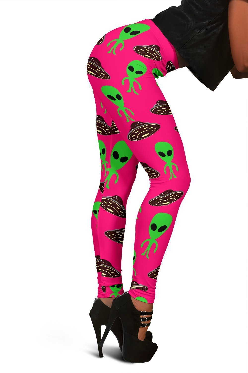 Alien Ufo Pink Pattern Print Women Leggings-grizzshop