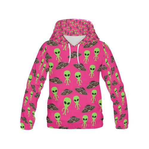 Alien Ufo Pink Pattern Print Women Pullover Hoodie-grizzshop