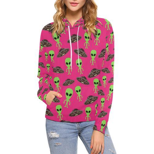 Alien Ufo Pink Pattern Print Women Pullover Hoodie-grizzshop