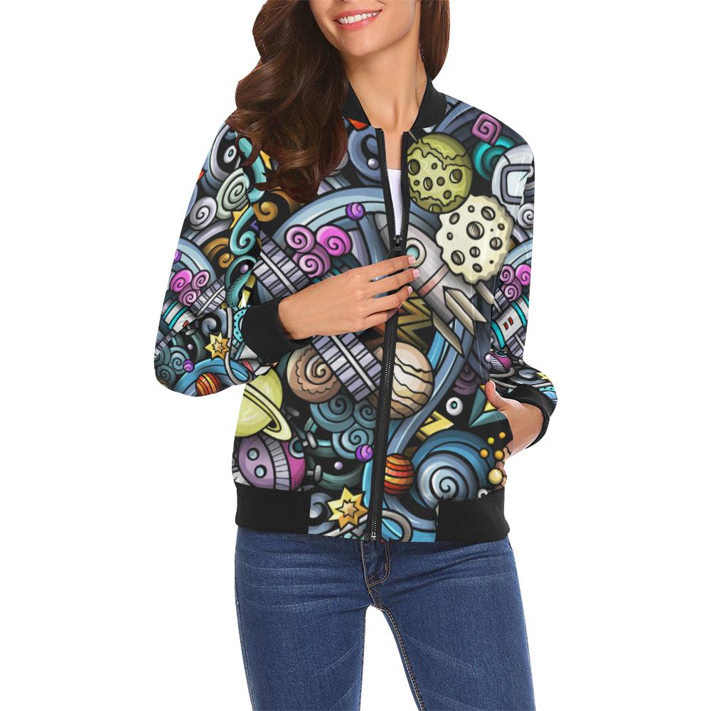 Alien Ufo Psychedelic Pattern Print Women Casual Bomber Jacket-grizzshop