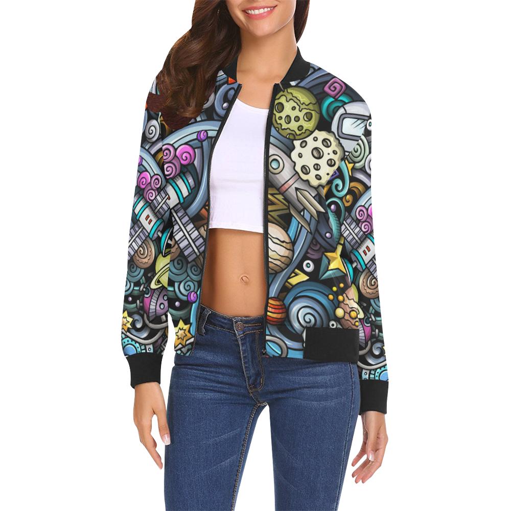 Alien Ufo Psychedelic Pattern Print Women Casual Bomber Jacket-grizzshop