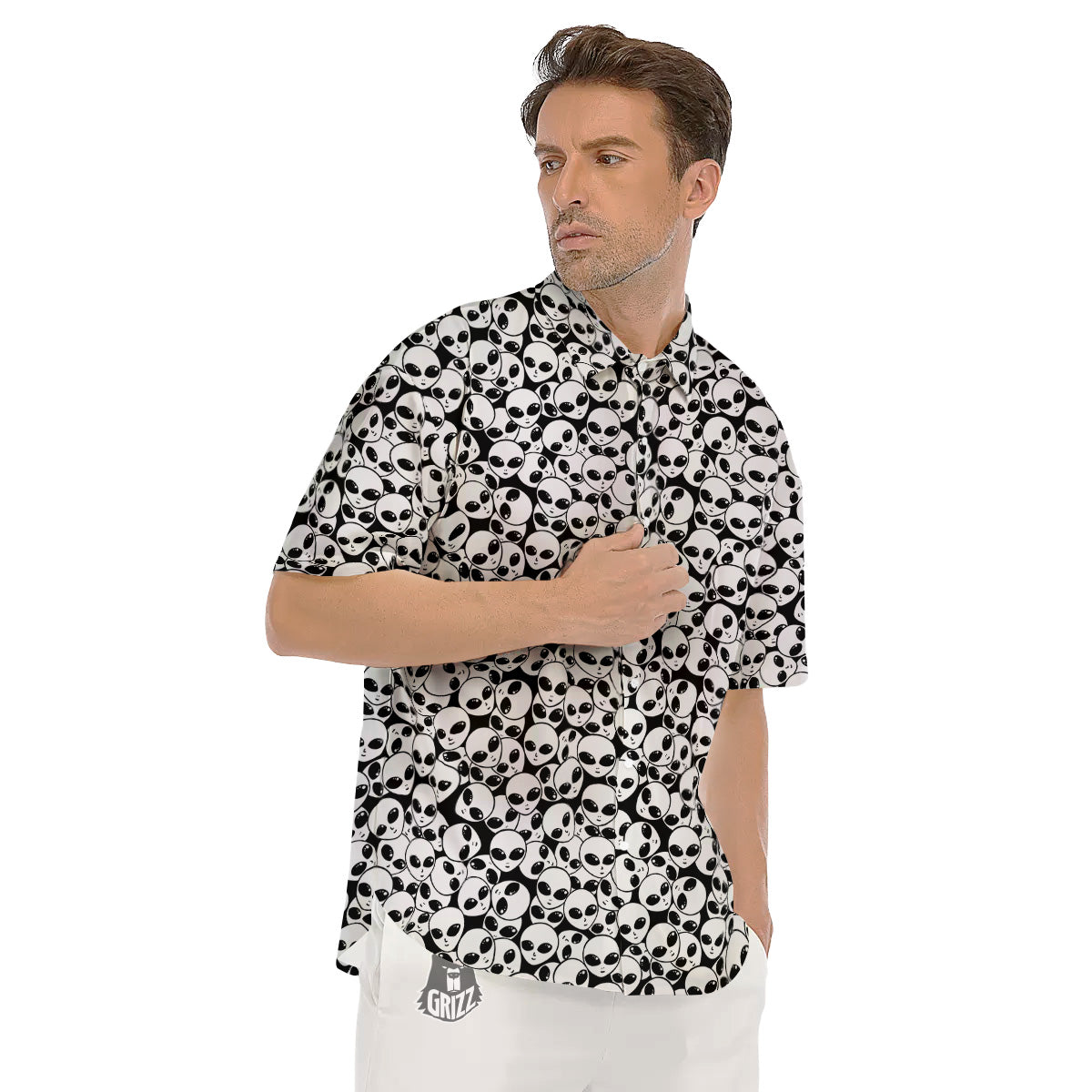 Alien White And Black Print Men's Short Sleeve Shirts-grizzshop