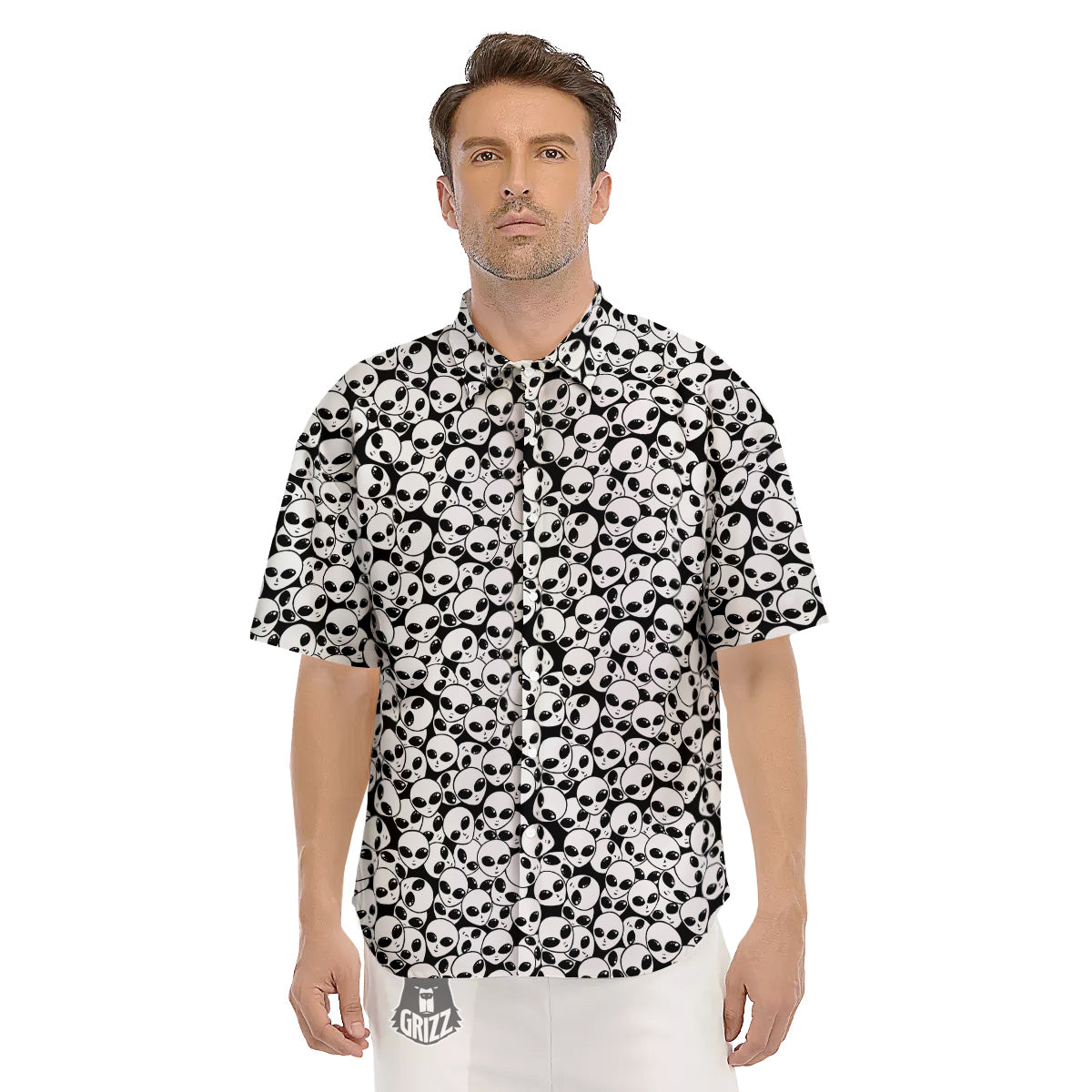 Alien White And Black Print Men's Short Sleeve Shirts-grizzshop