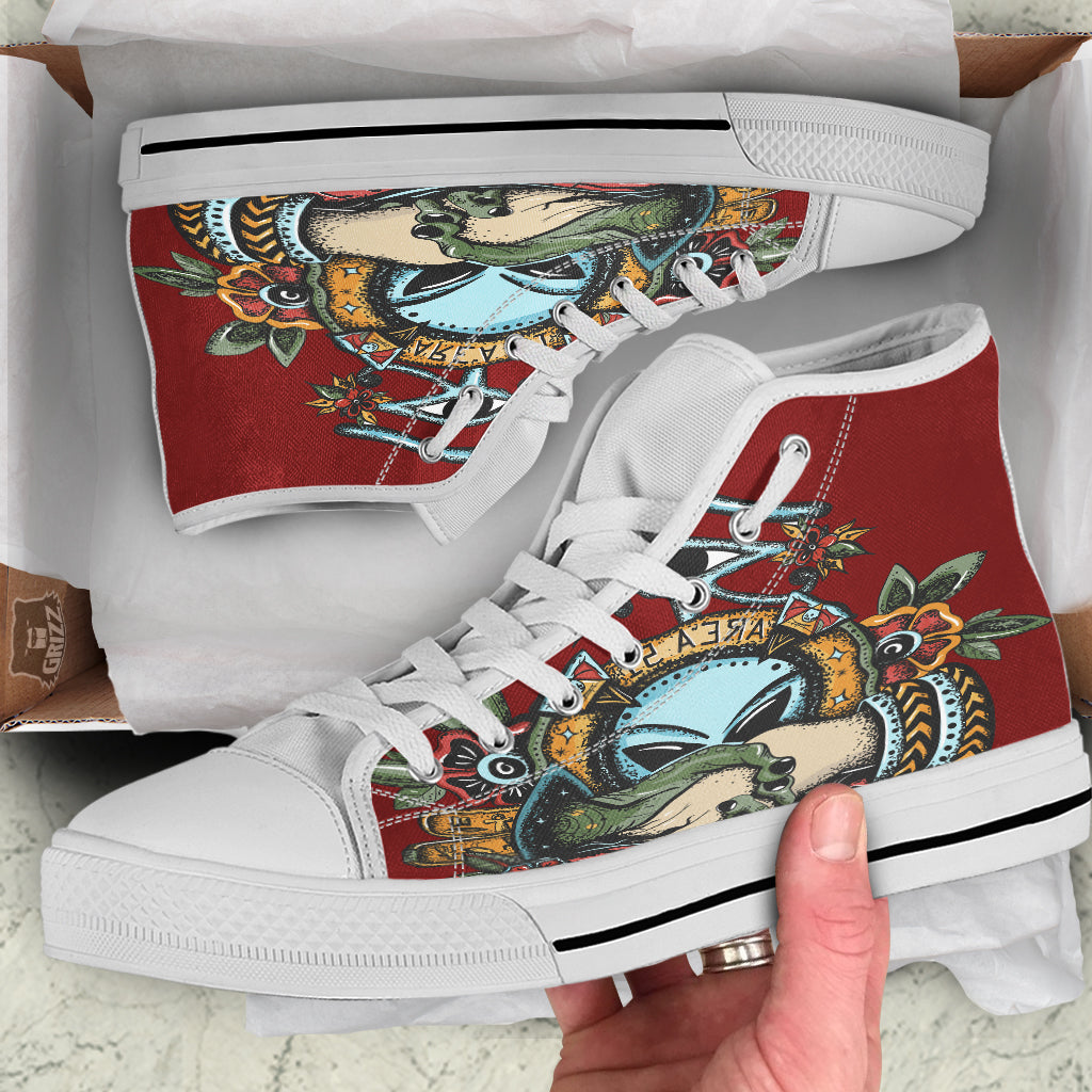 Aliens Area 51 Print White High Top Shoes-grizzshop