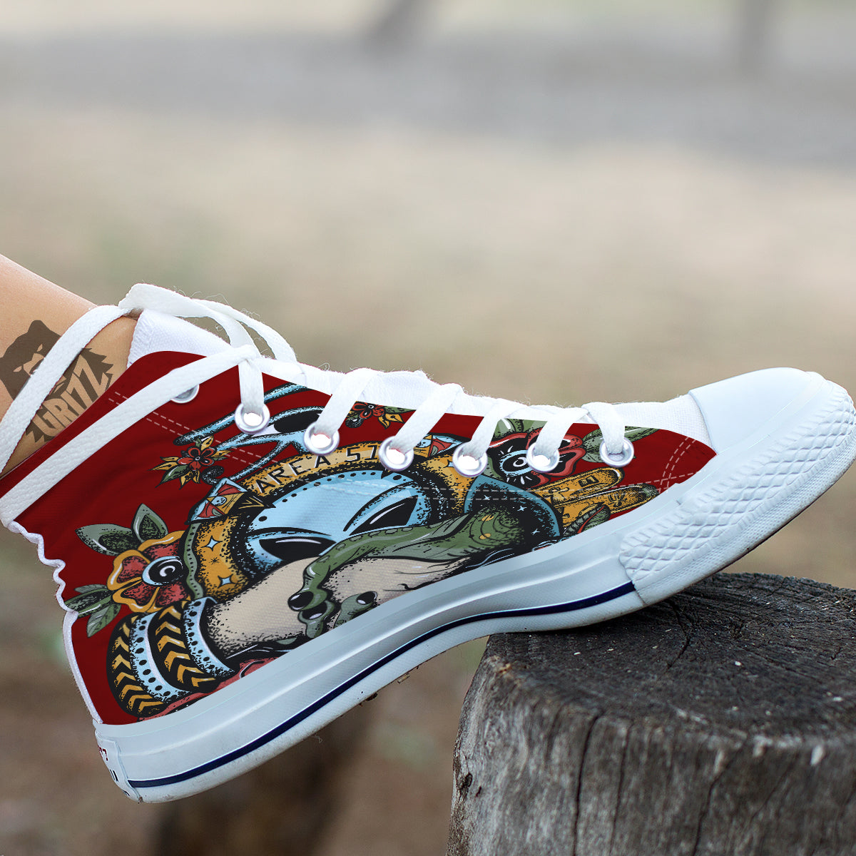 Aliens Area 51 Print White High Top Shoes-grizzshop