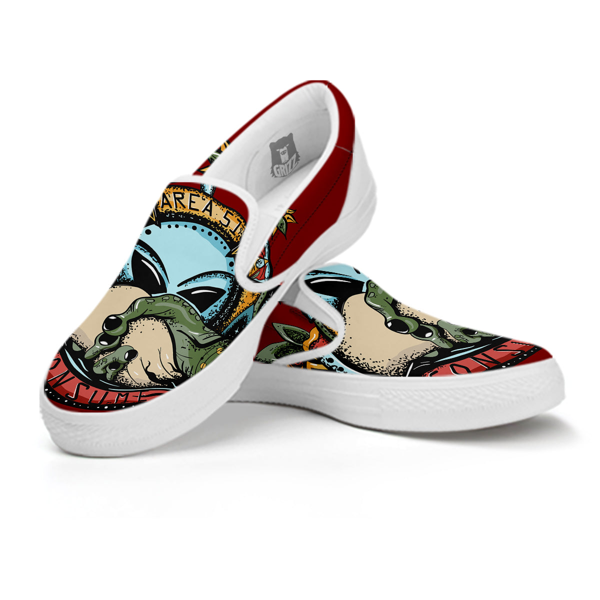 Aliens Area 51 Print White Slip On Shoes-grizzshop