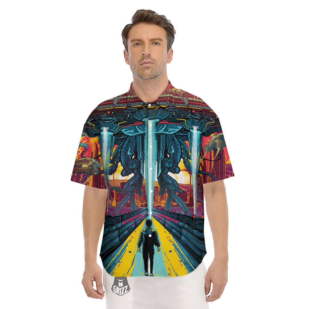 Aliens Invade earth Print Men's Short Sleeve Shirts-grizzshop