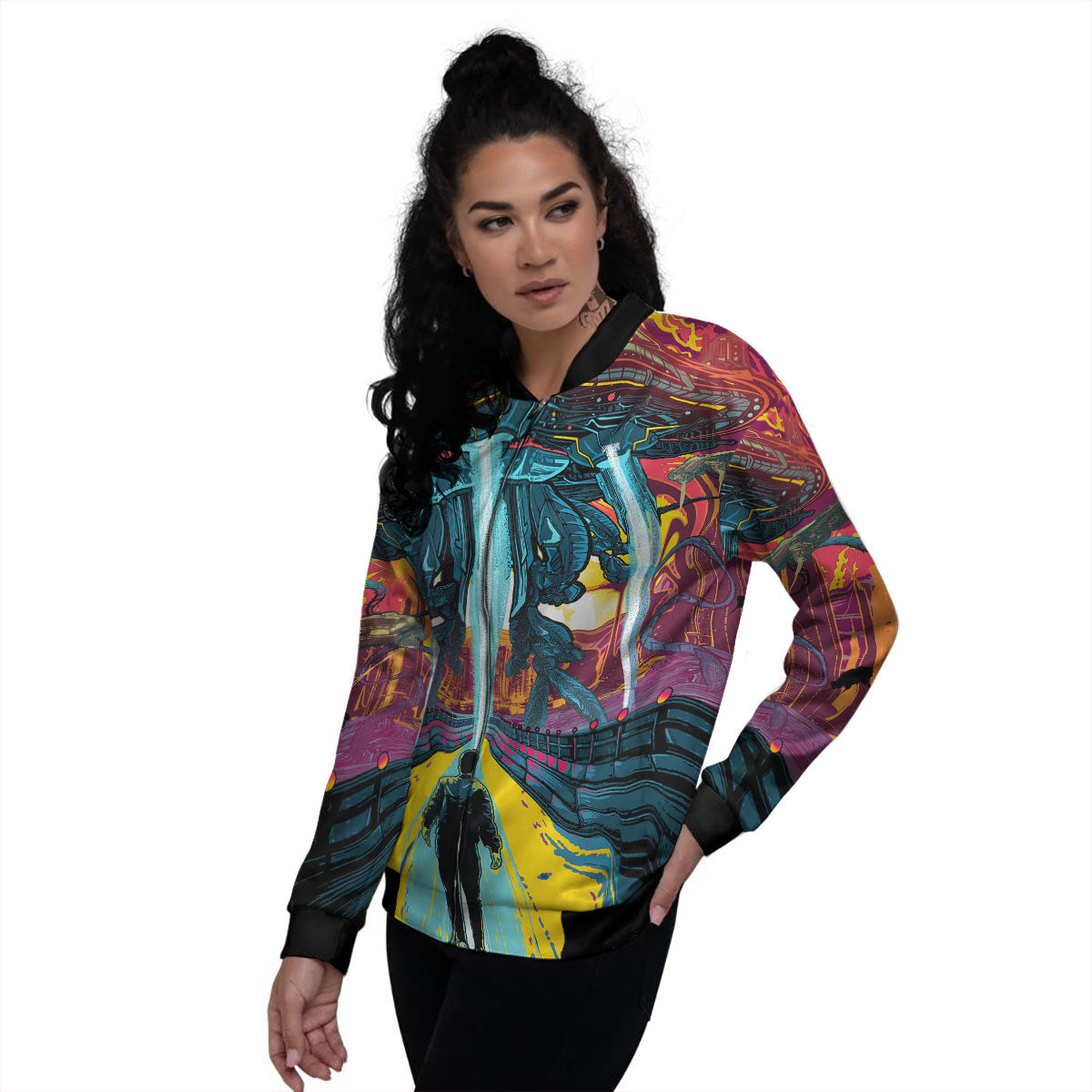 Aliens Invade earth Print Women's Bomber Jacket-grizzshop