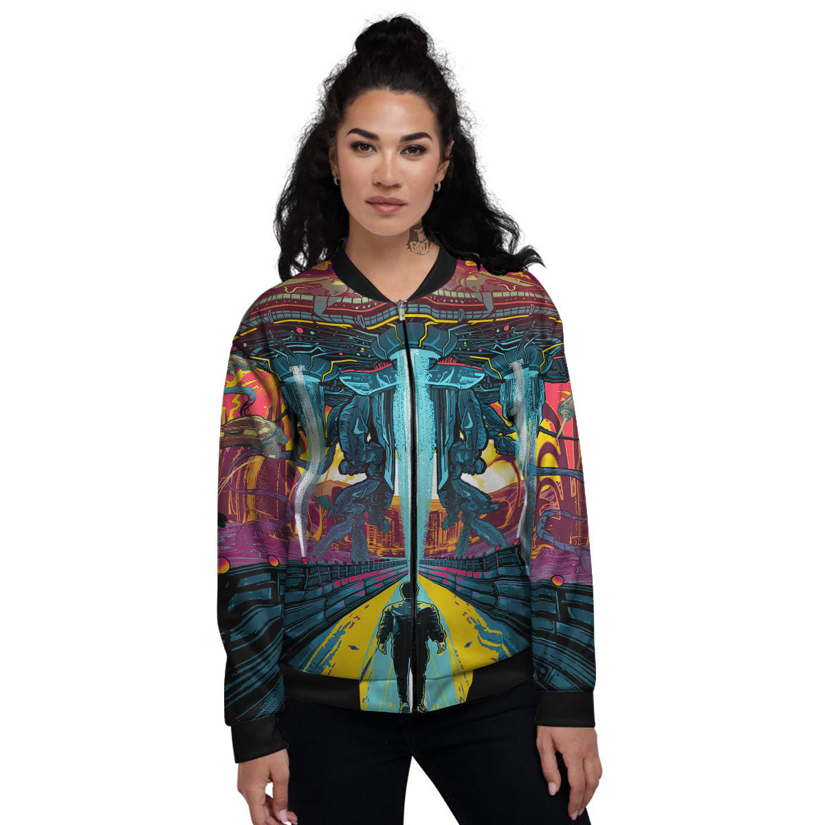 Aliens Invade earth Print Women's Bomber Jacket-grizzshop