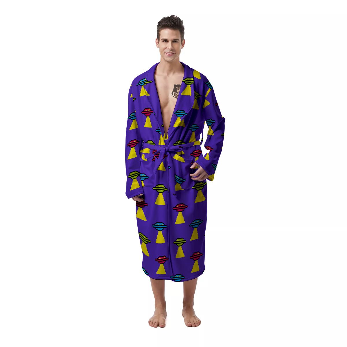 Aliens UFO Pixel Print Pattern Men's Robe-grizzshop