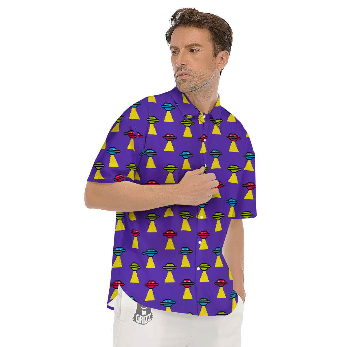 Aliens UFO Pixel Print Pattern Men's Short Sleeve Shirts-grizzshop