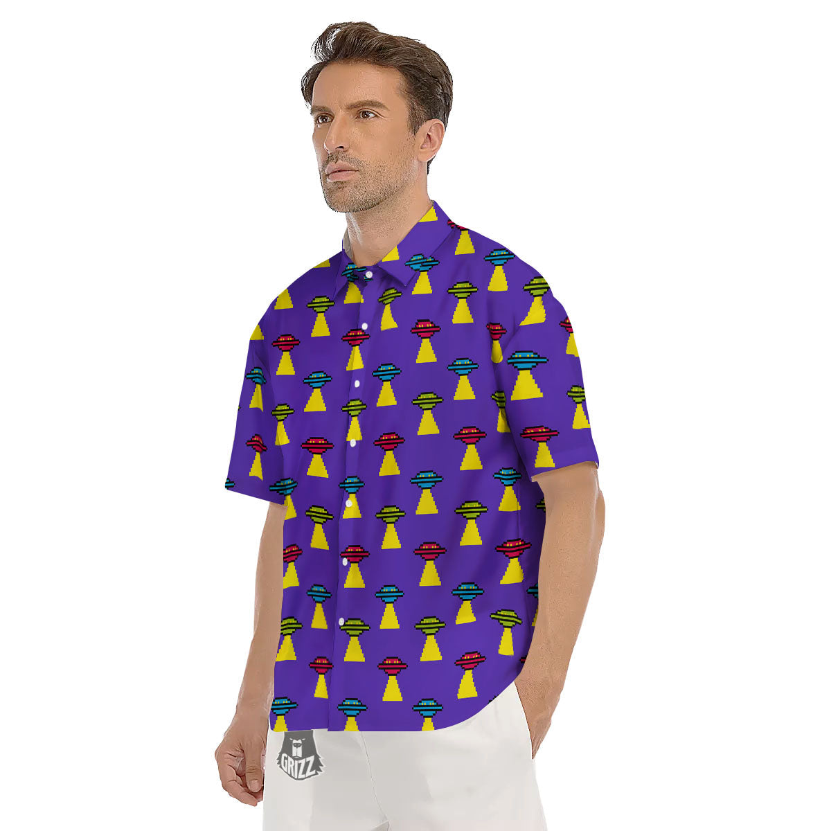 Aliens UFO Pixel Print Pattern Men's Short Sleeve Shirts-grizzshop