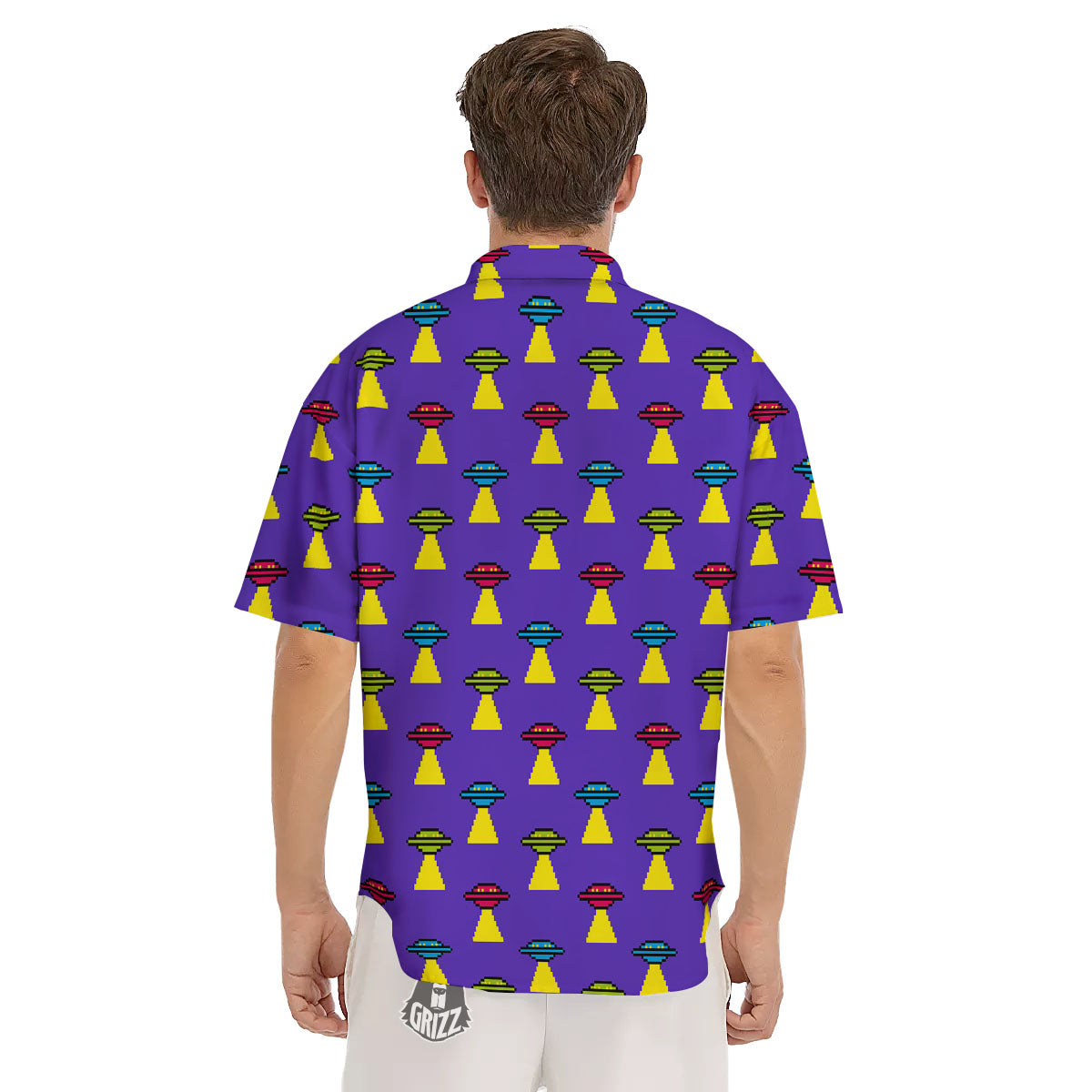 Aliens UFO Pixel Print Pattern Men's Short Sleeve Shirts-grizzshop