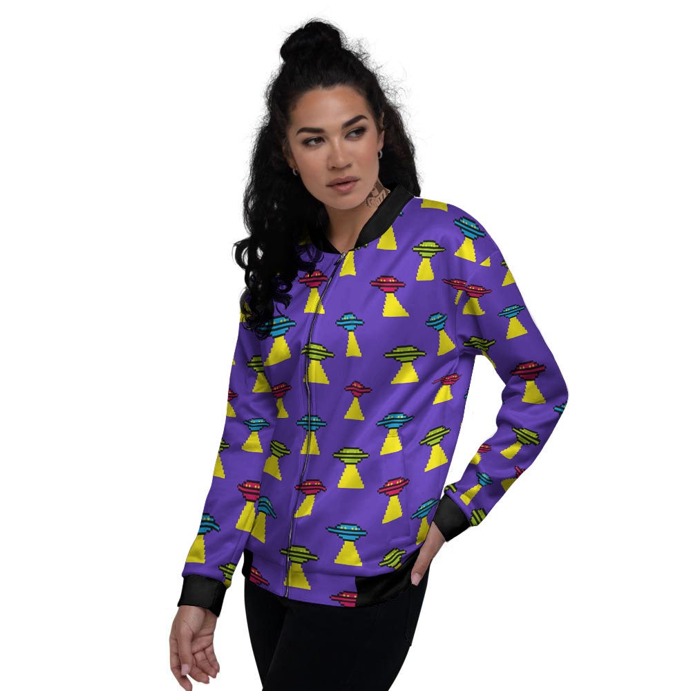 Aliens UFO Pixel Print Pattern Women's Bomber Jacket-grizzshop