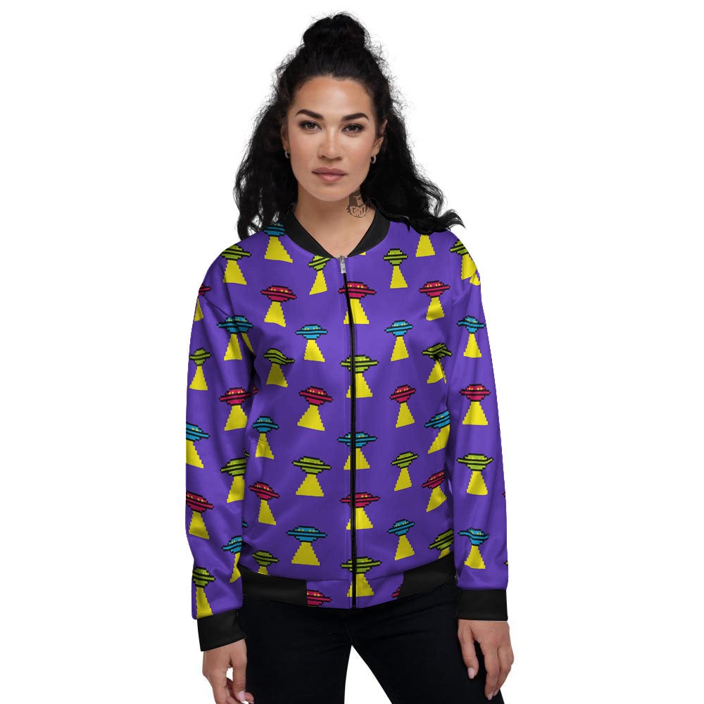Aliens UFO Pixel Print Pattern Women's Bomber Jacket-grizzshop