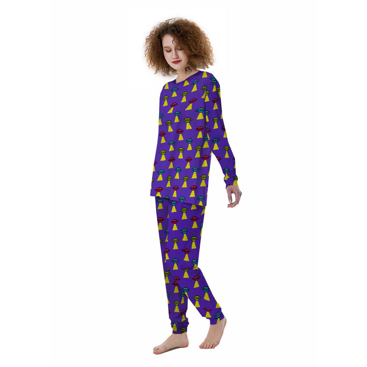 Aliens UFO Pixel Print Pattern Women's Pajamas-grizzshop