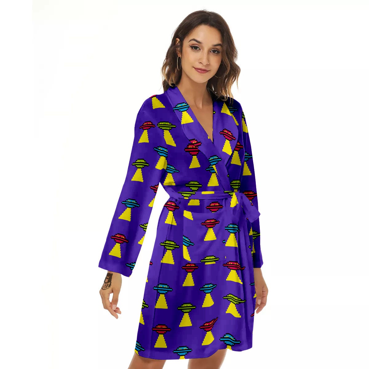 Aliens UFO Pixel Print Pattern Women's Robe-grizzshop