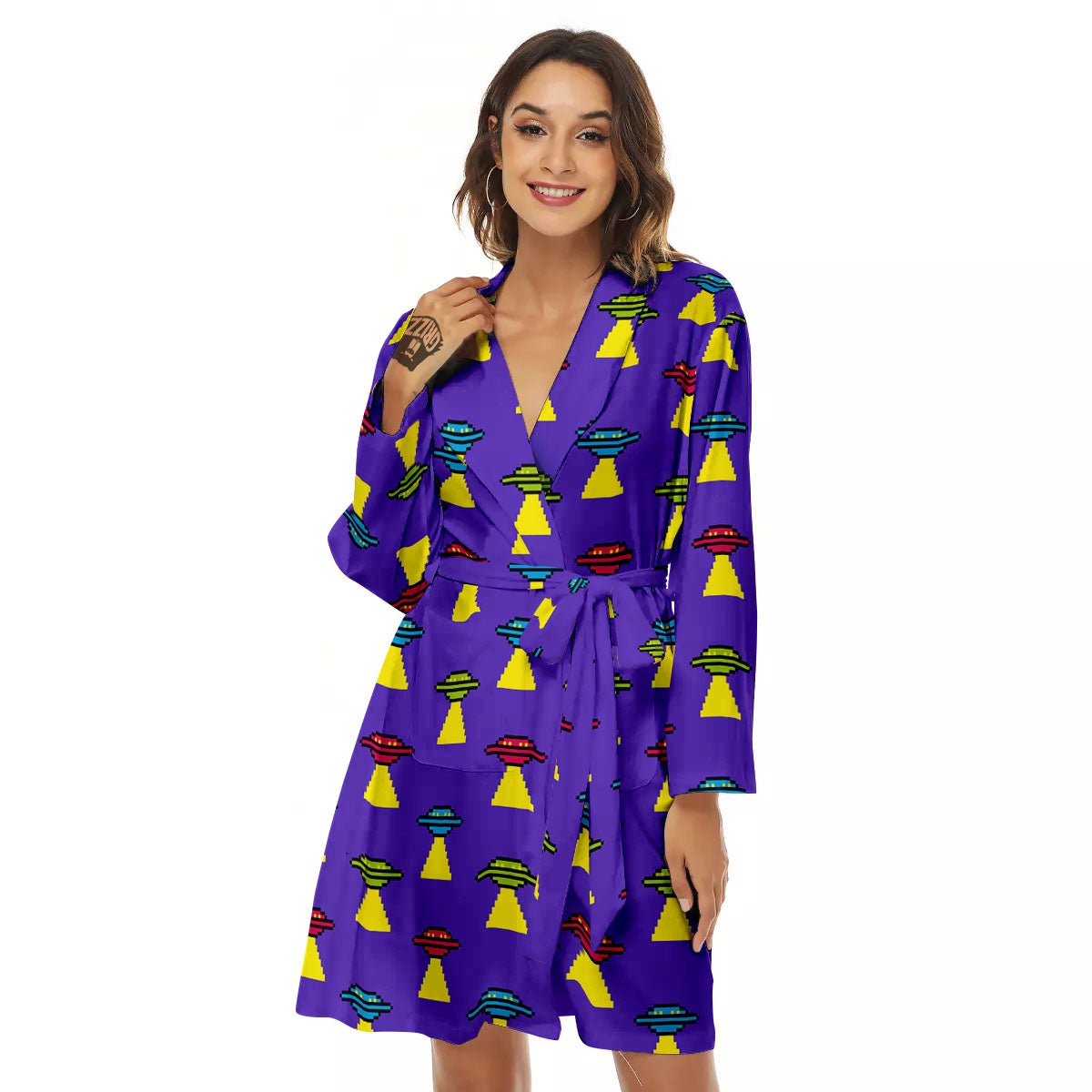 Aliens UFO Pixel Print Pattern Women's Robe-grizzshop