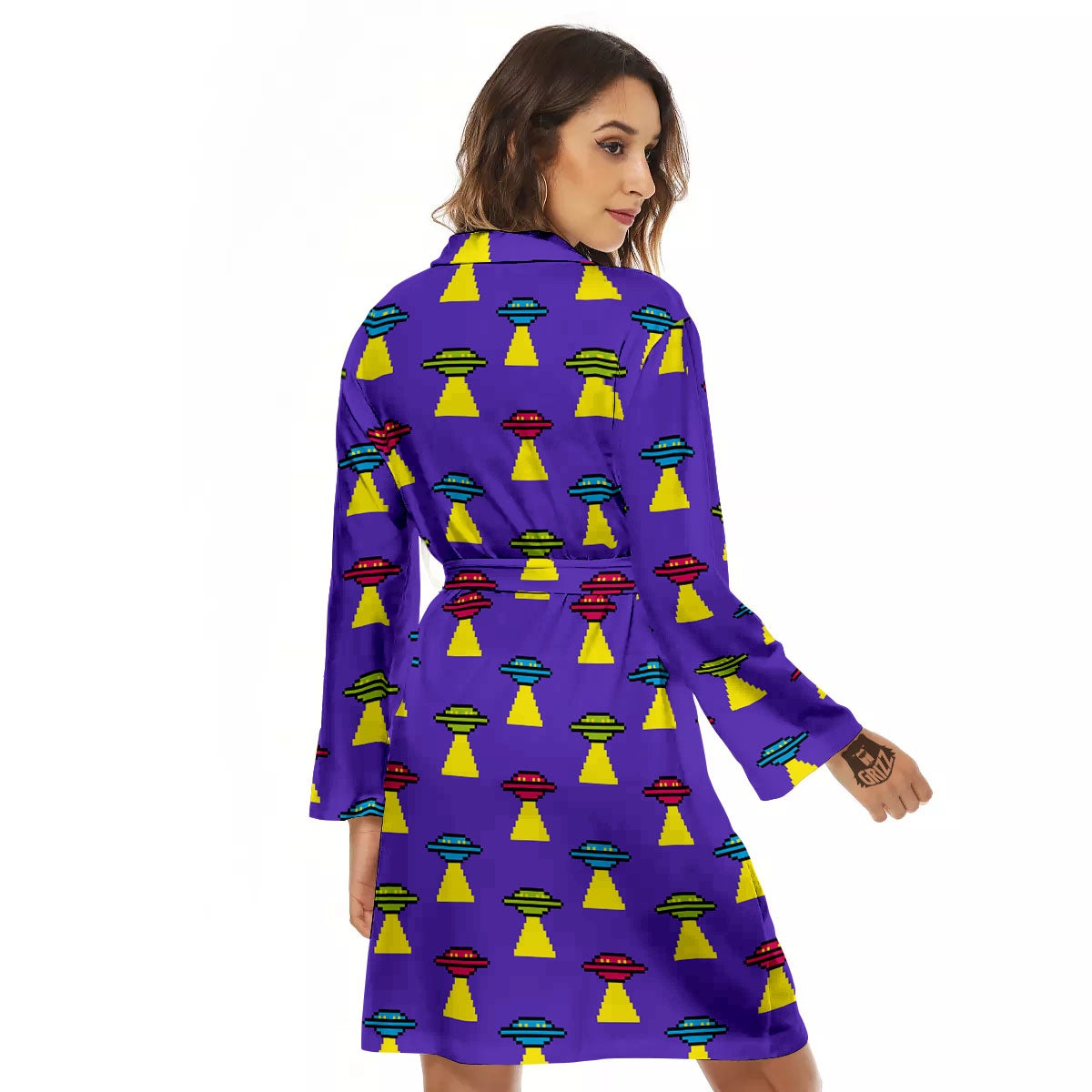 Aliens UFO Pixel Print Pattern Women's Robe-grizzshop