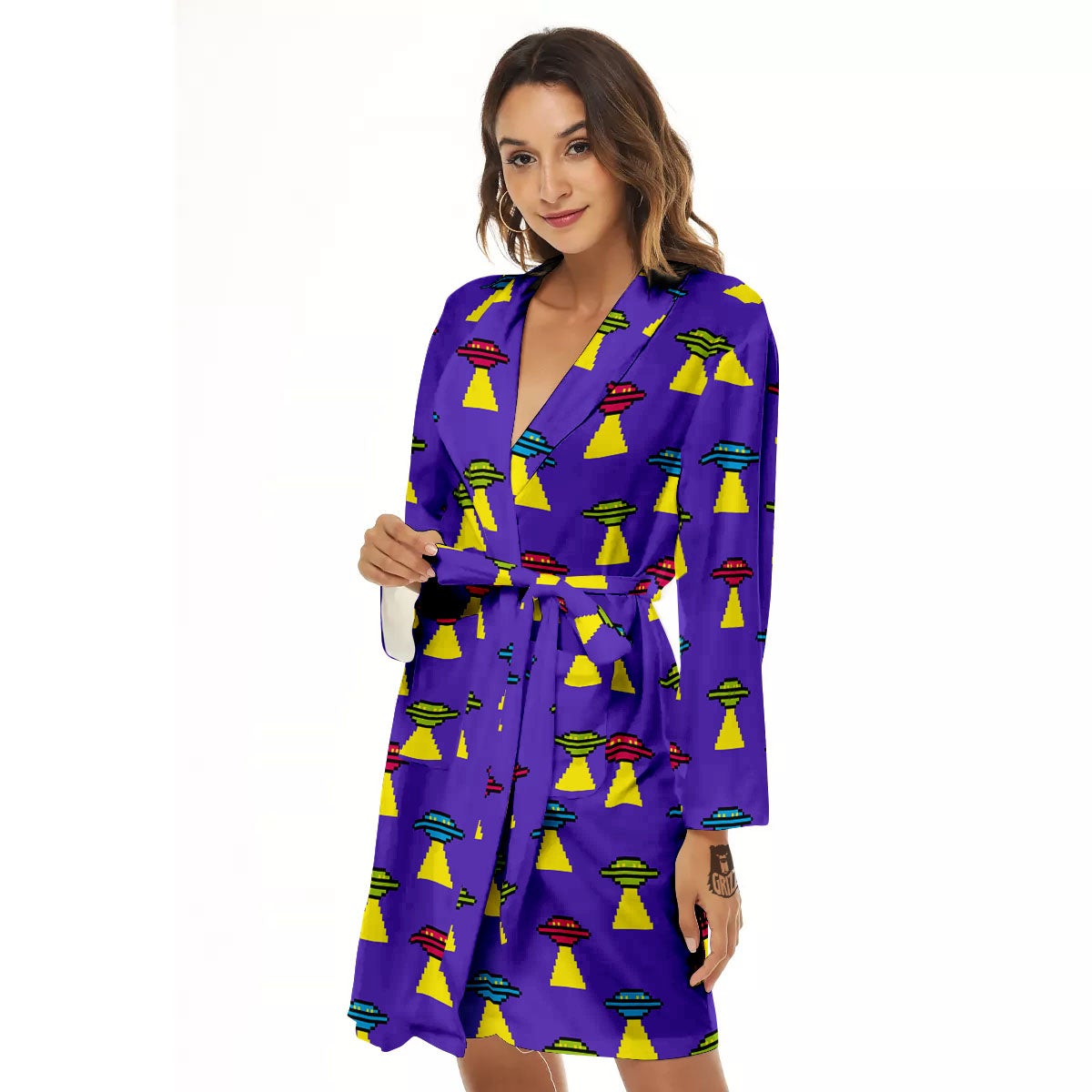 Aliens UFO Pixel Print Pattern Women's Robe-grizzshop