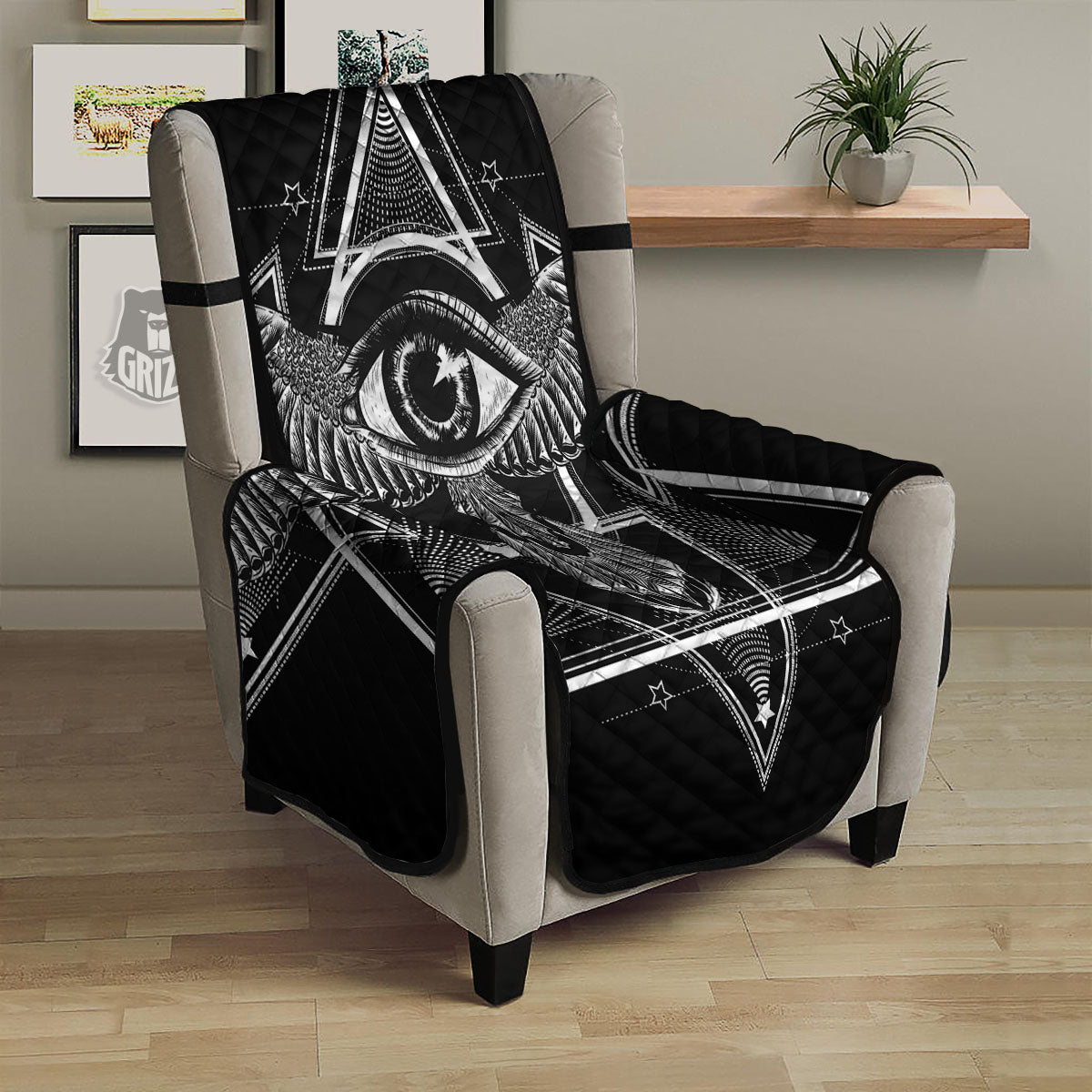 All Seeing Eye Black And Silver Print Armchair Protector-grizzshop