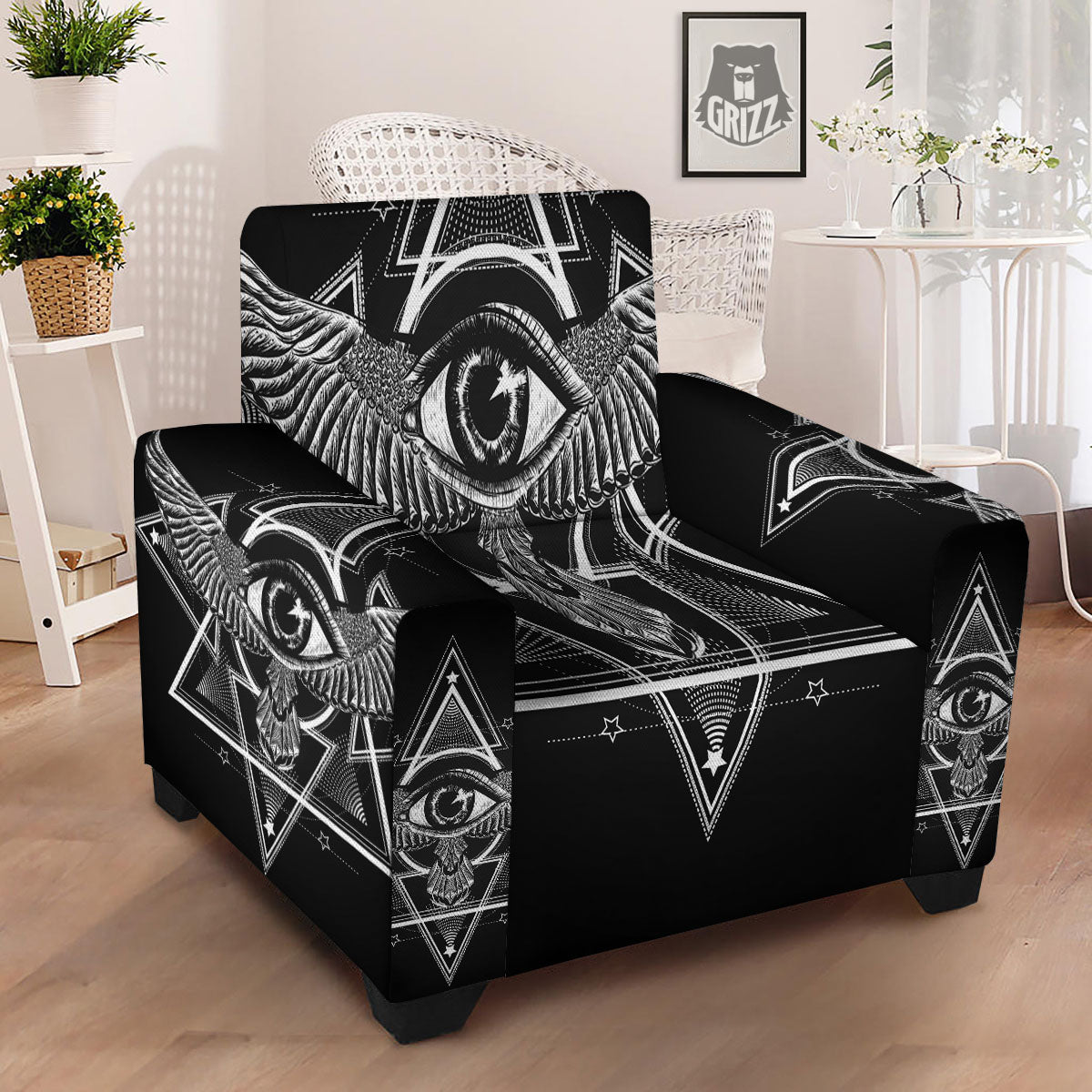 All Seeing Eye Black And Silver Print Armchair Slipcover-grizzshop