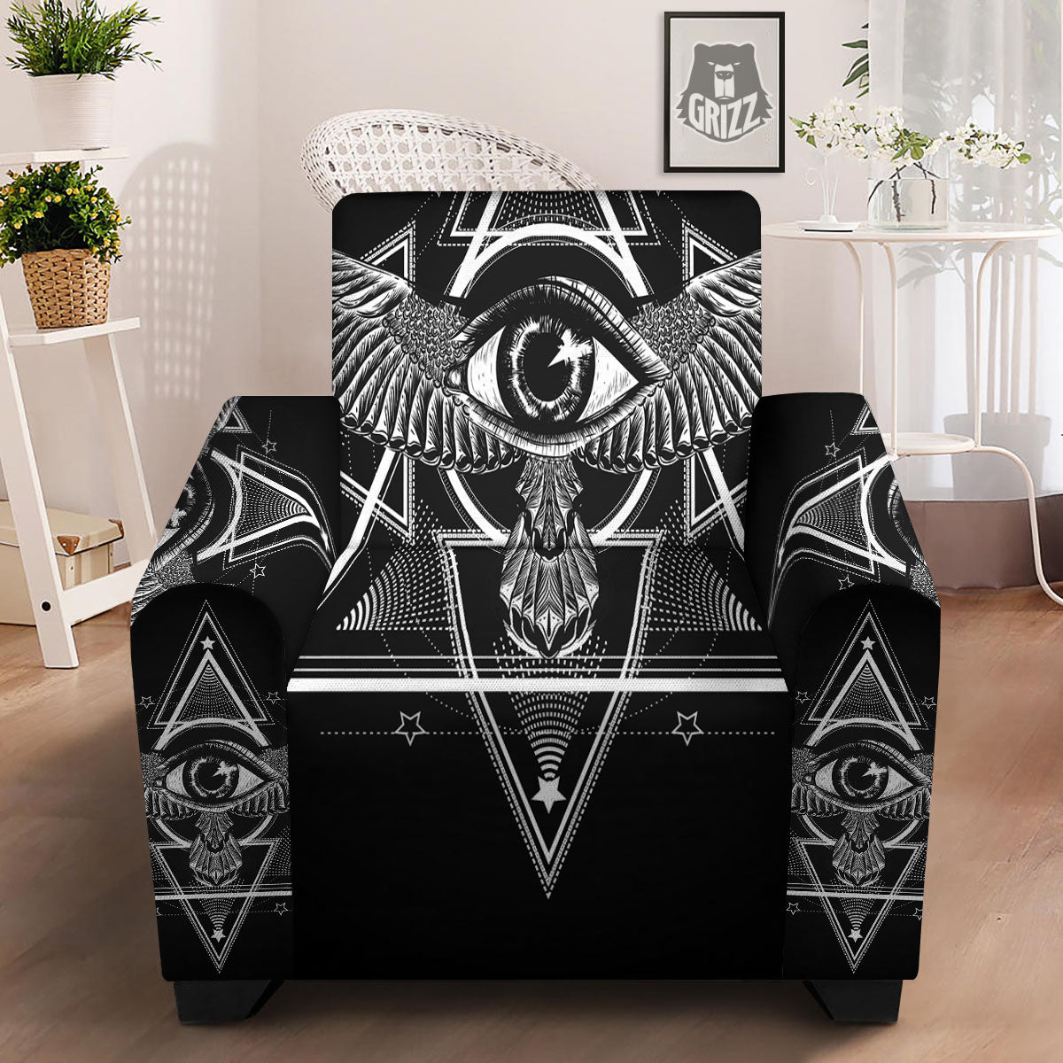 All Seeing Eye Black And Silver Print Armchair Slipcover-grizzshop