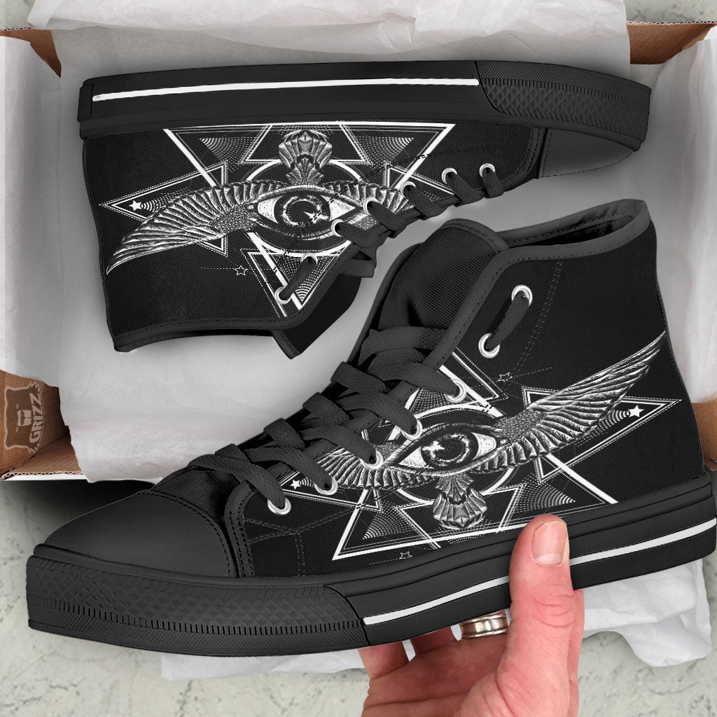 All Seeing Eye Black And Silver Print Black High Top Shoes-grizzshop