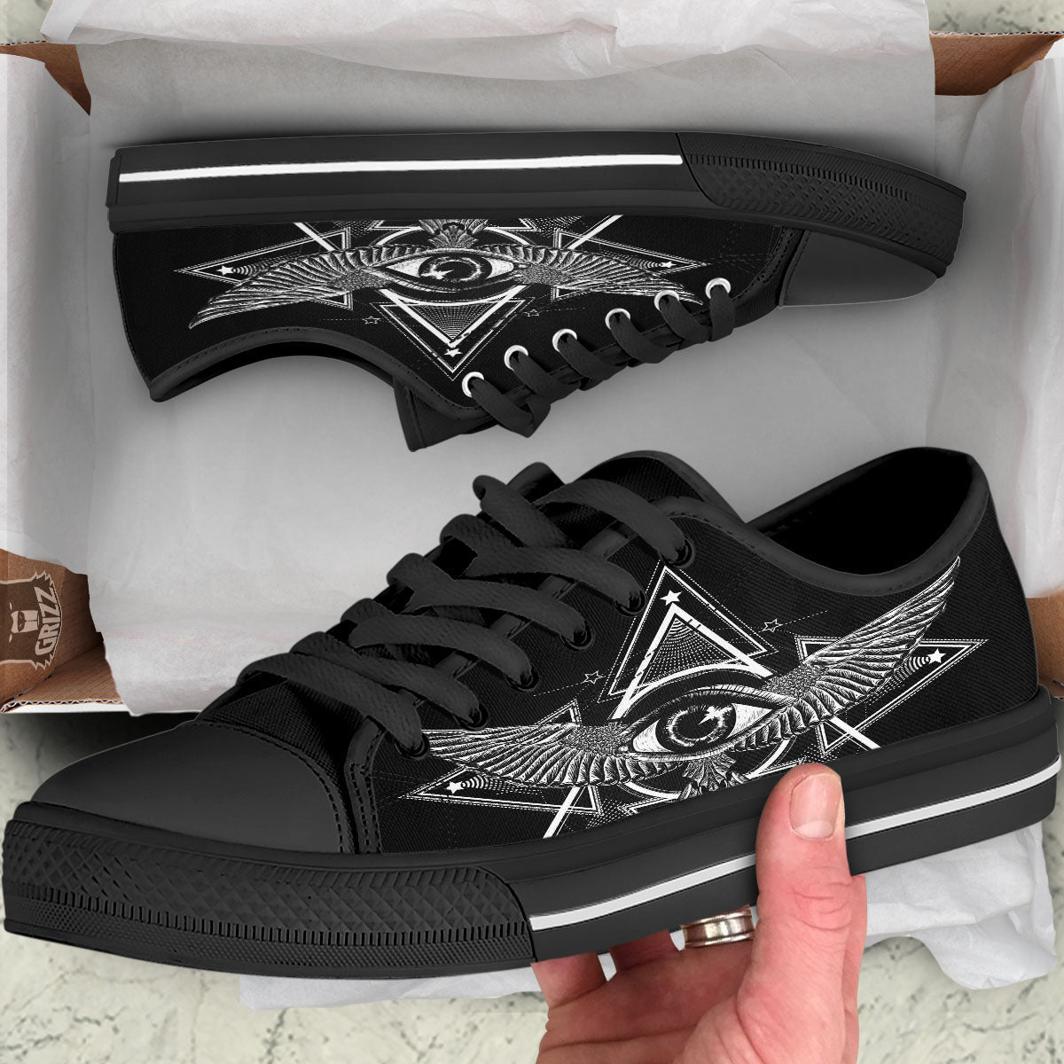 All Seeing Eye Black And Silver Print Black Low Top Shoes-grizzshop