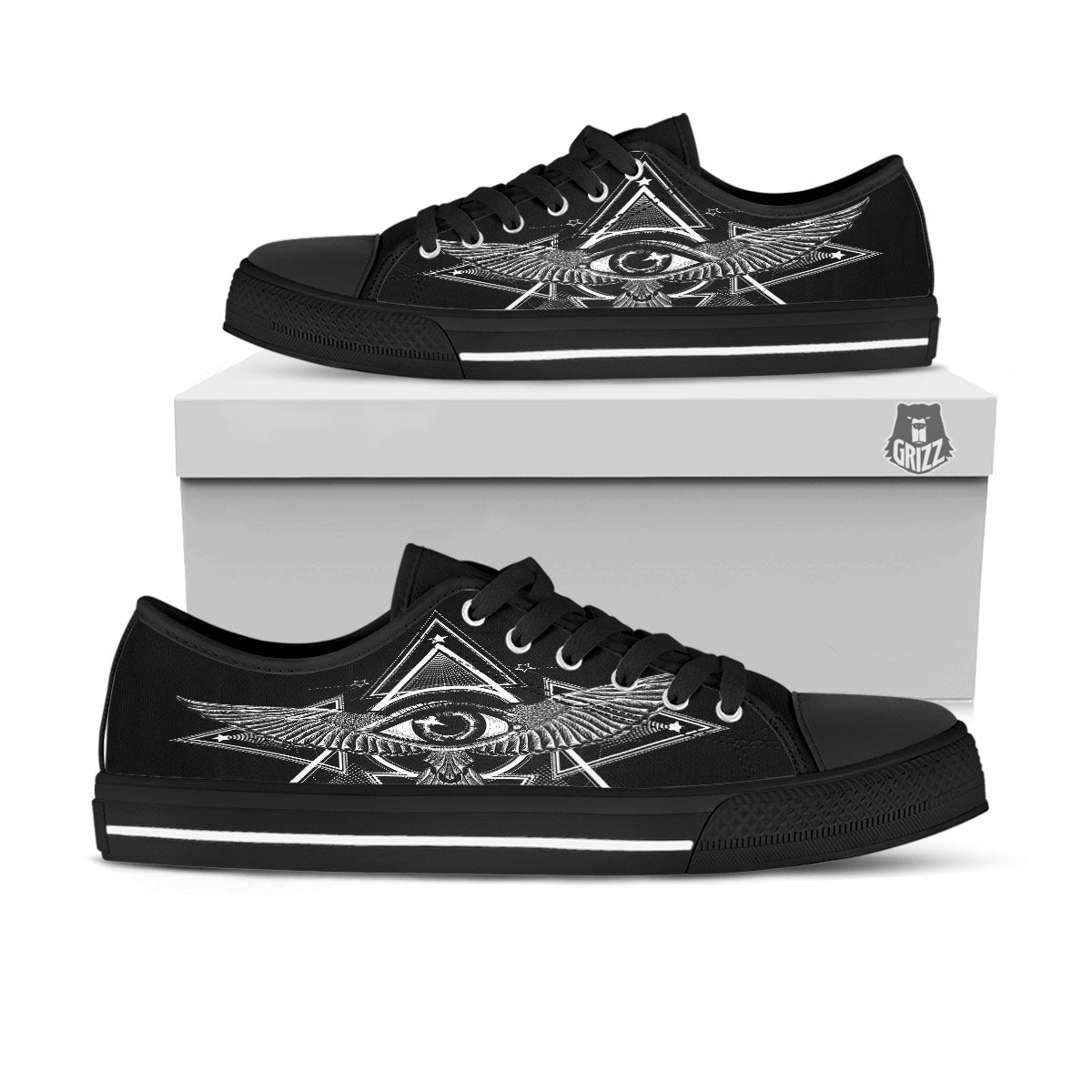 All Seeing Eye Black And Silver Print Black Low Top Shoes-grizzshop