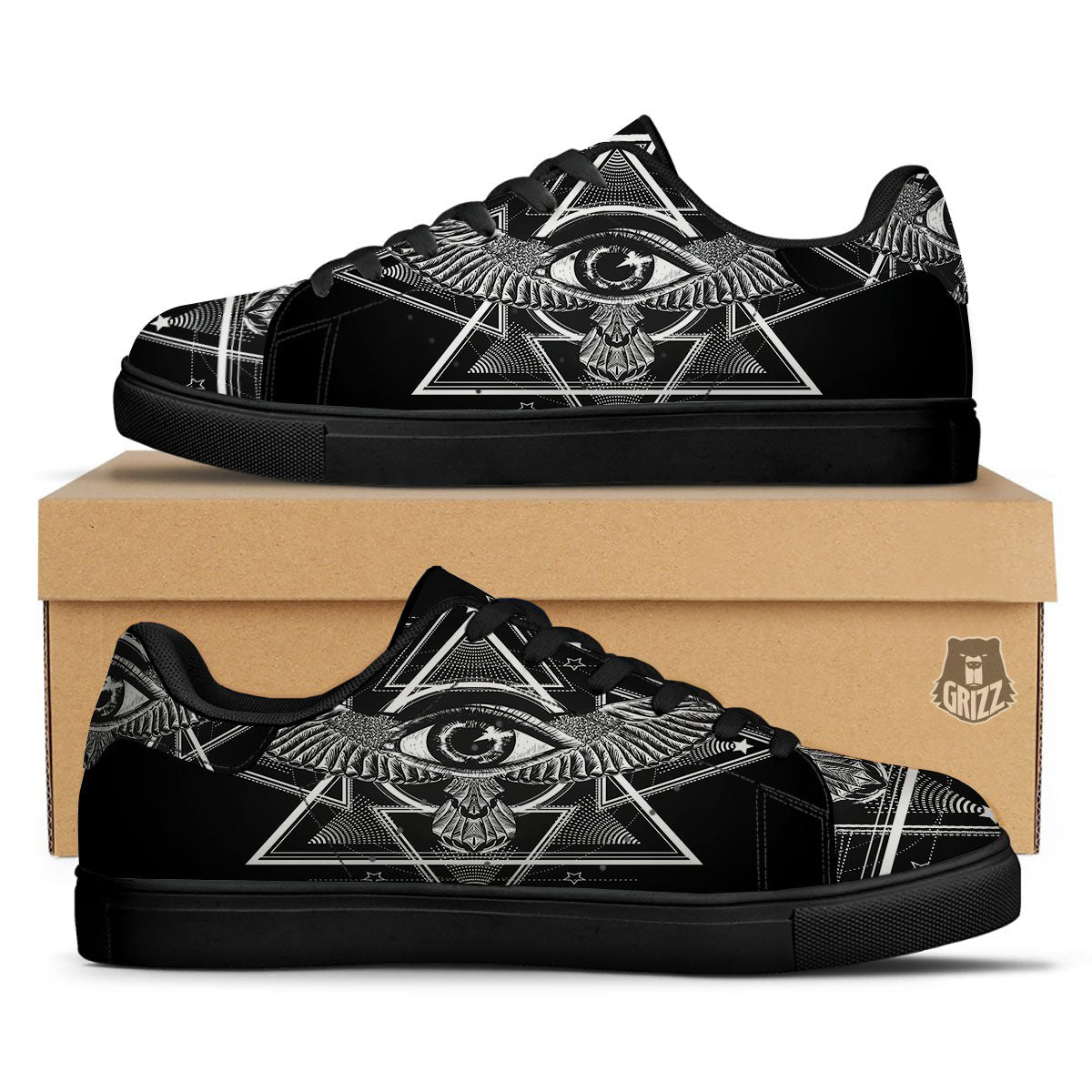 All Seeing Eye Black And Silver Print Black Low Top Sneakers-grizzshop
