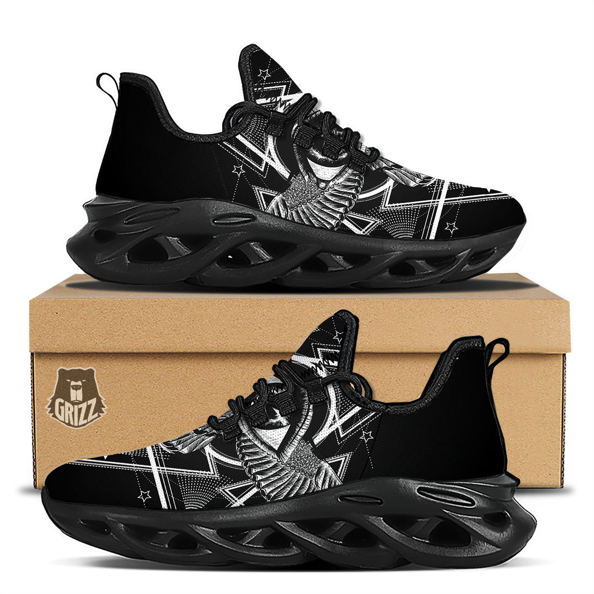 All Seeing Eye Black And Silver Print Black Running Shoes-grizzshop