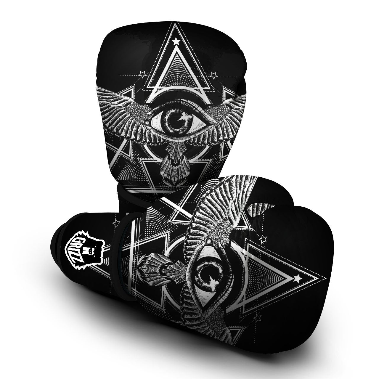 All Seeing Eye Black And Silver Print Boxing Gloves-grizzshop