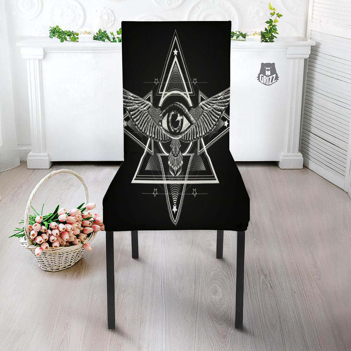 All Seeing Eye Black And Silver Print Dining Chair Slipcover-grizzshop