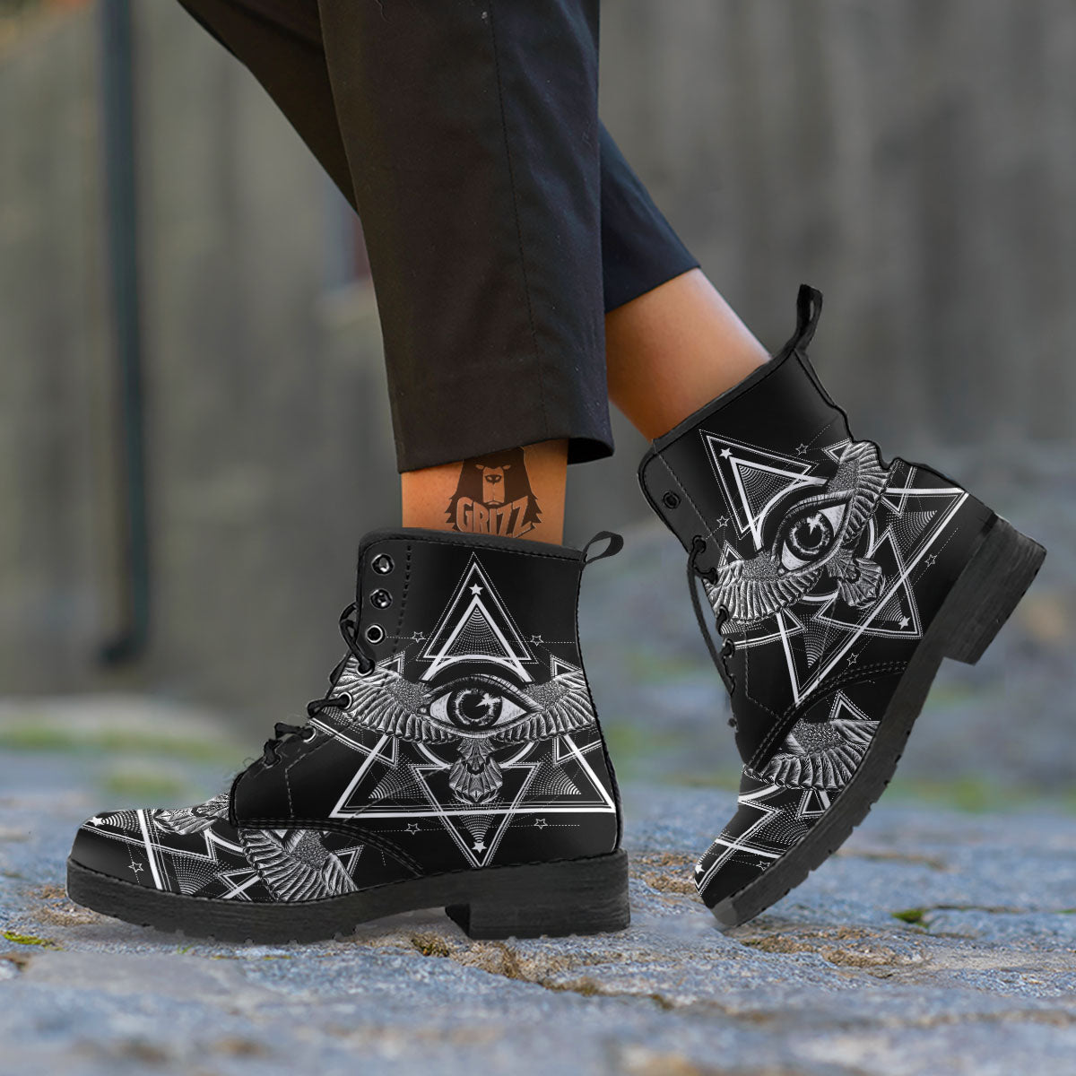 All Seeing Eye Black And Silver Print Leather Boots-grizzshop