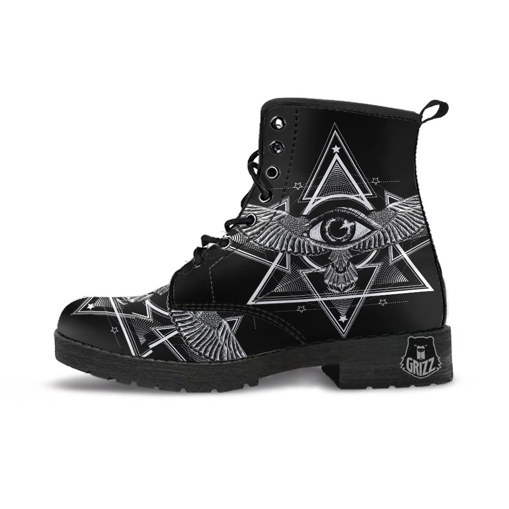 All Seeing Eye Black And Silver Print Leather Boots-grizzshop