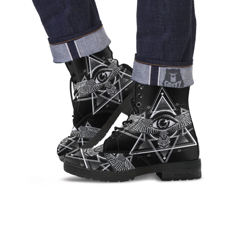 All Seeing Eye Black And Silver Print Leather Boots-grizzshop