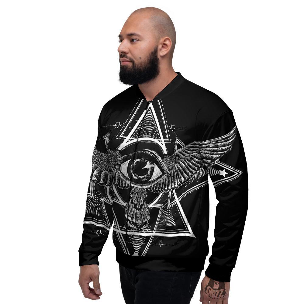 All Seeing Eye Black And Silver Print Men's Bomber Jacket-grizzshop