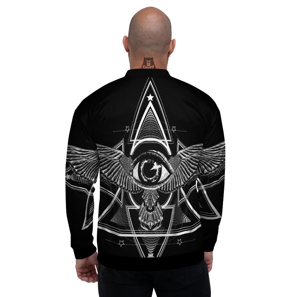 All Seeing Eye Black And Silver Print Men's Bomber Jacket-grizzshop