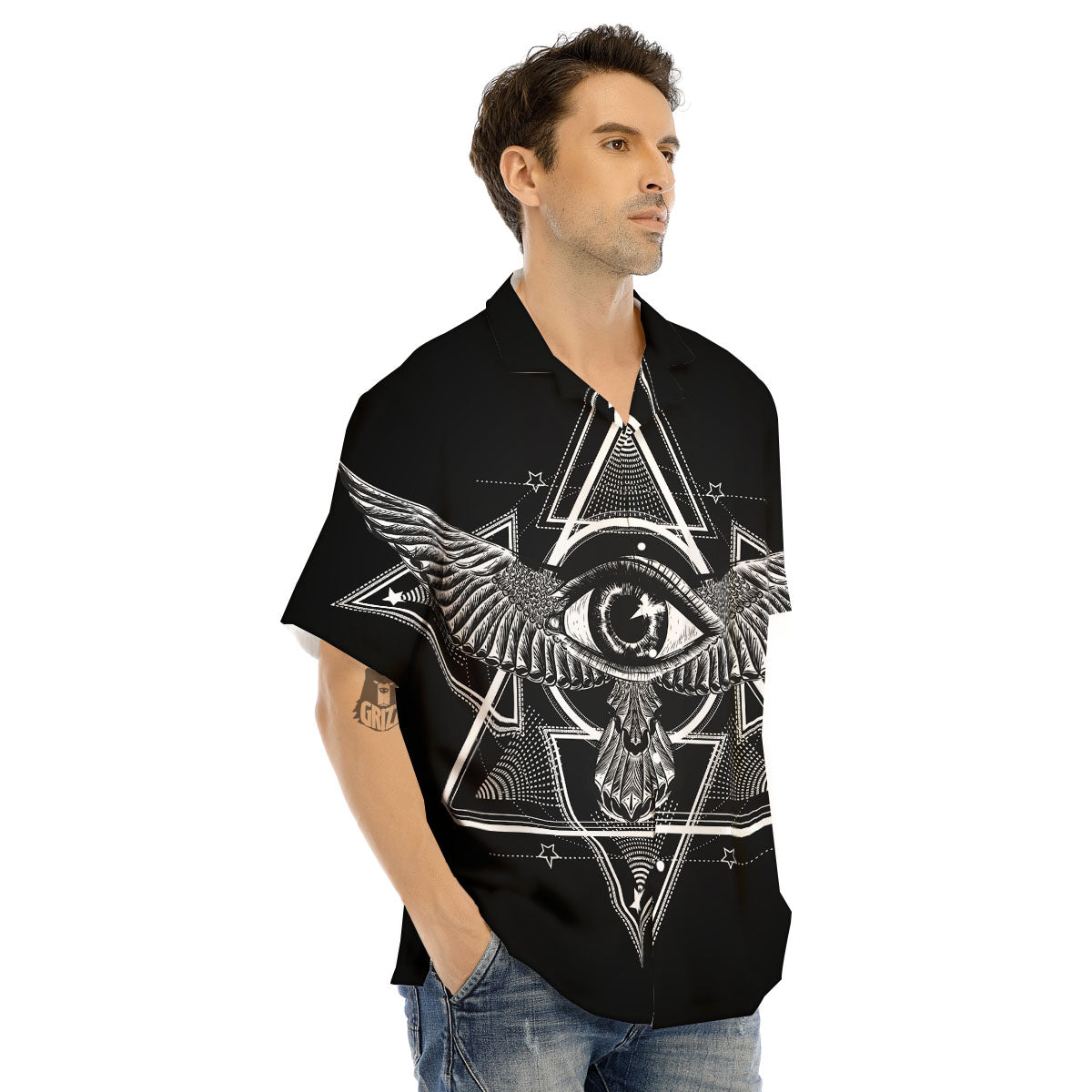 All Seeing Eye Black And Silver Print Men's Hawaiian Shirt-grizzshop