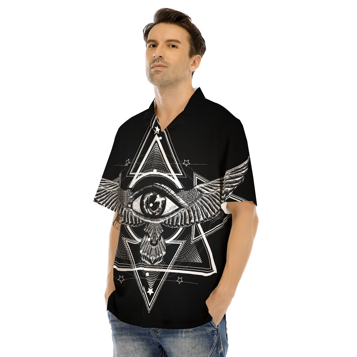 All Seeing Eye Black And Silver Print Men's Hawaiian Shirt-grizzshop
