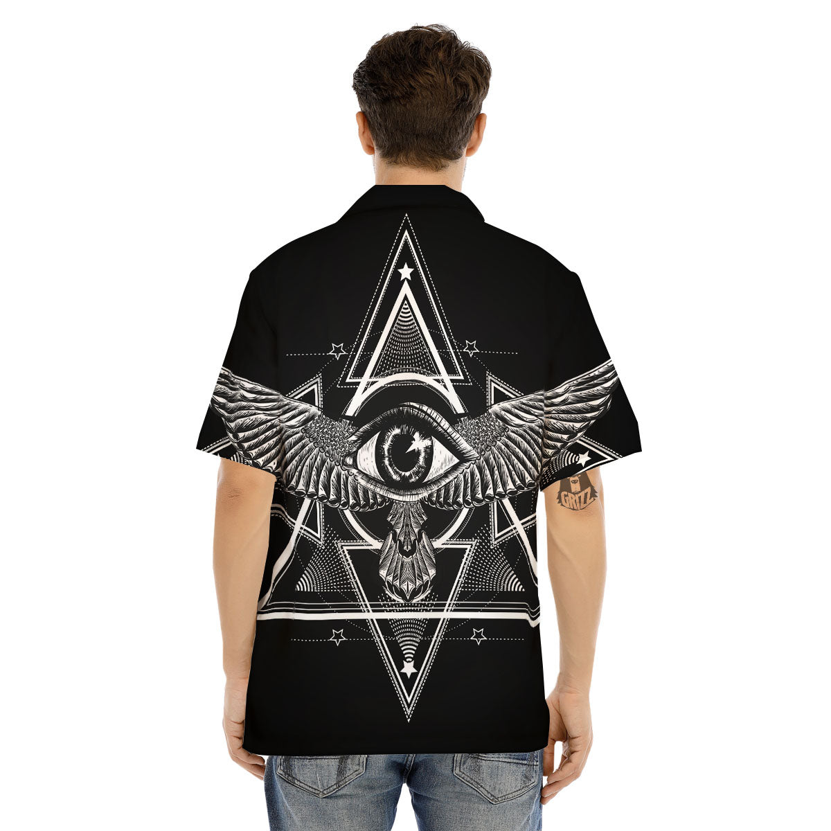 All Seeing Eye Black And Silver Print Men's Hawaiian Shirt-grizzshop