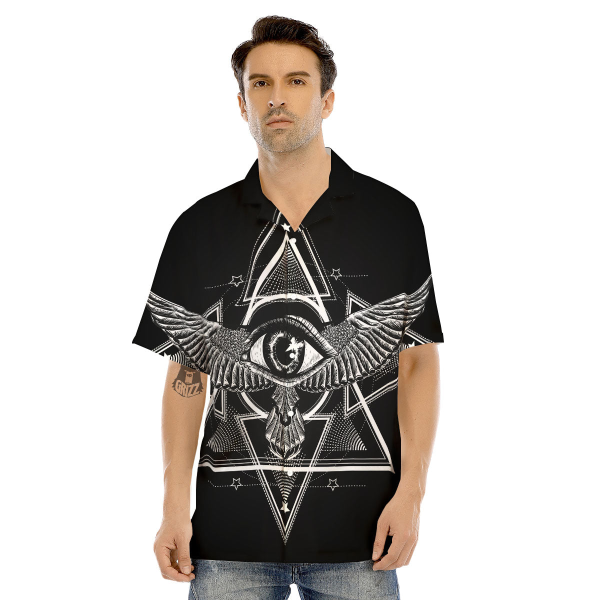 All Seeing Eye Black And Silver Print Men's Hawaiian Shirt-grizzshop