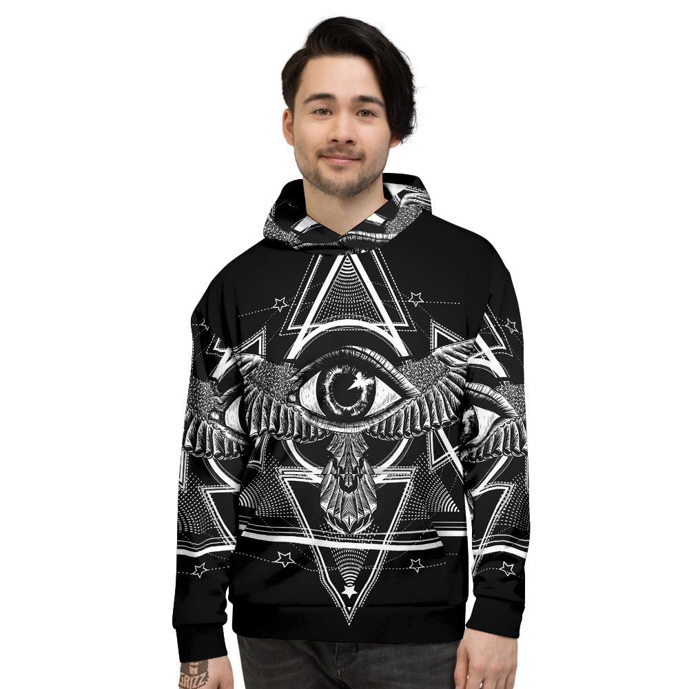 All Seeing Eye Black And Silver Print Men's Hoodie-grizzshop