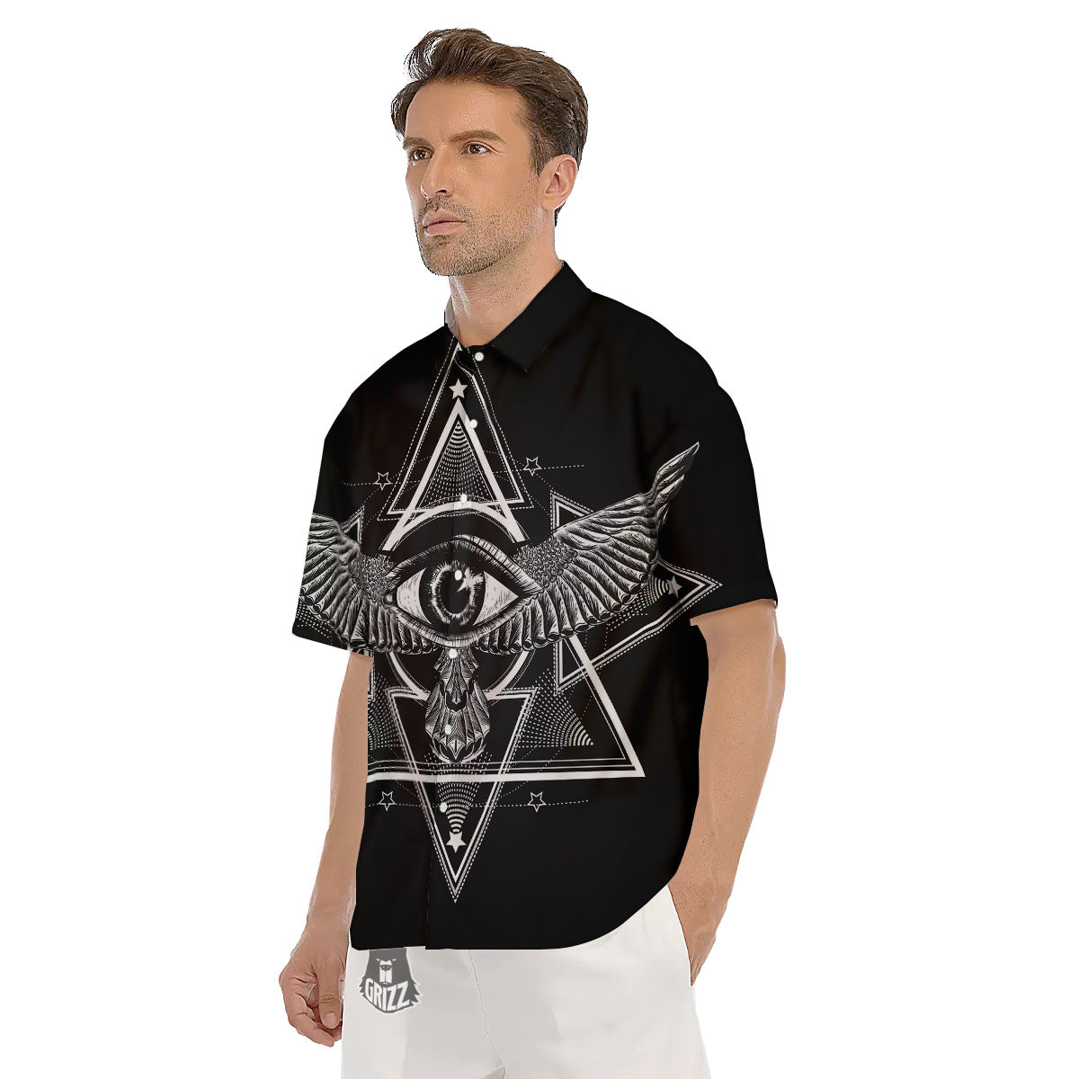 All Seeing Eye Black And Silver Print Men's Short Sleeve Shirts-grizzshop