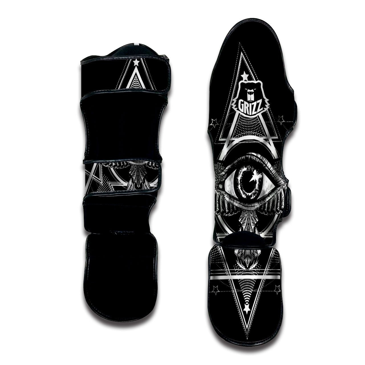 All Seeing Eye Black And Silver Print Muay Thai Shin Guards-grizzshop