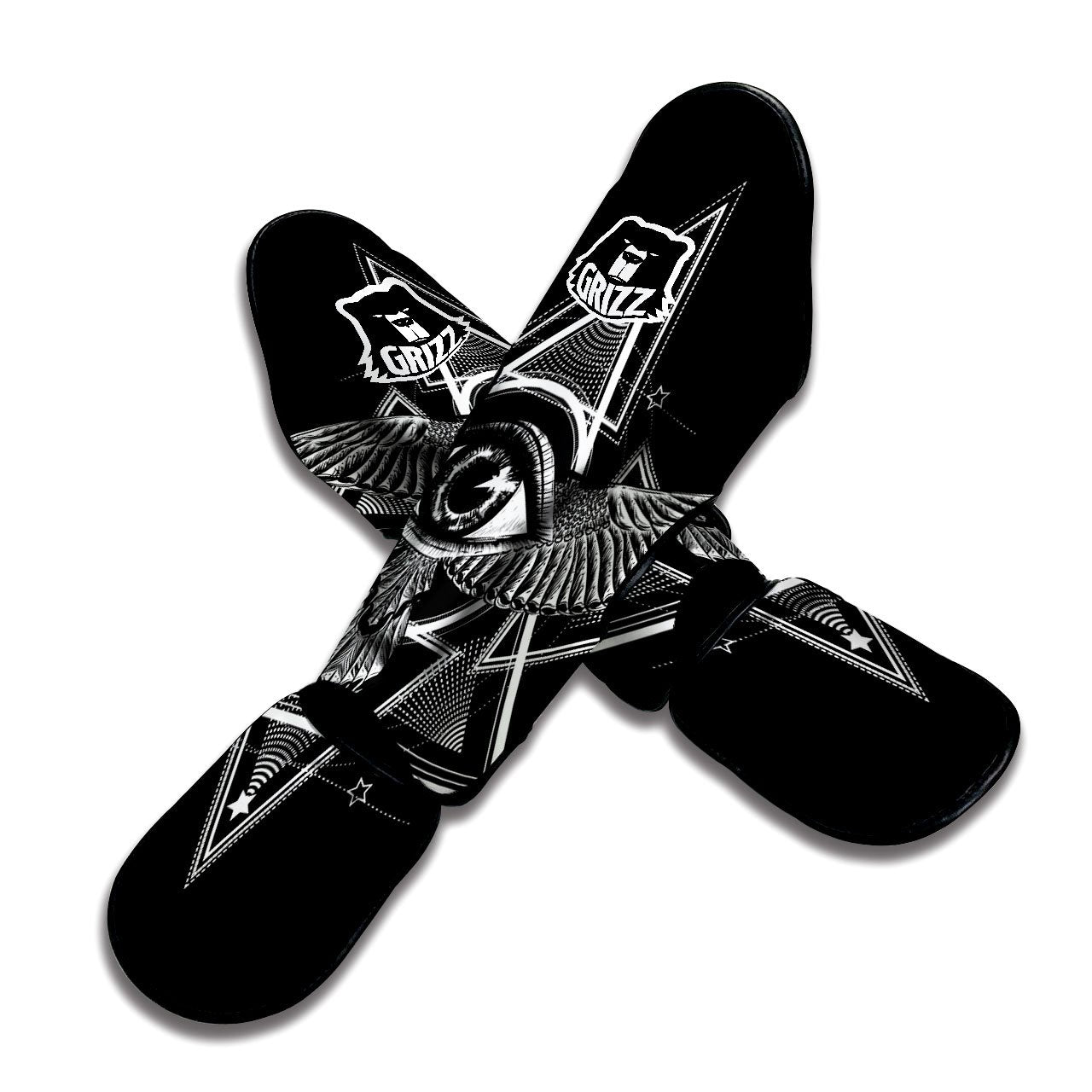 All Seeing Eye Black And Silver Print Muay Thai Shin Guards-grizzshop