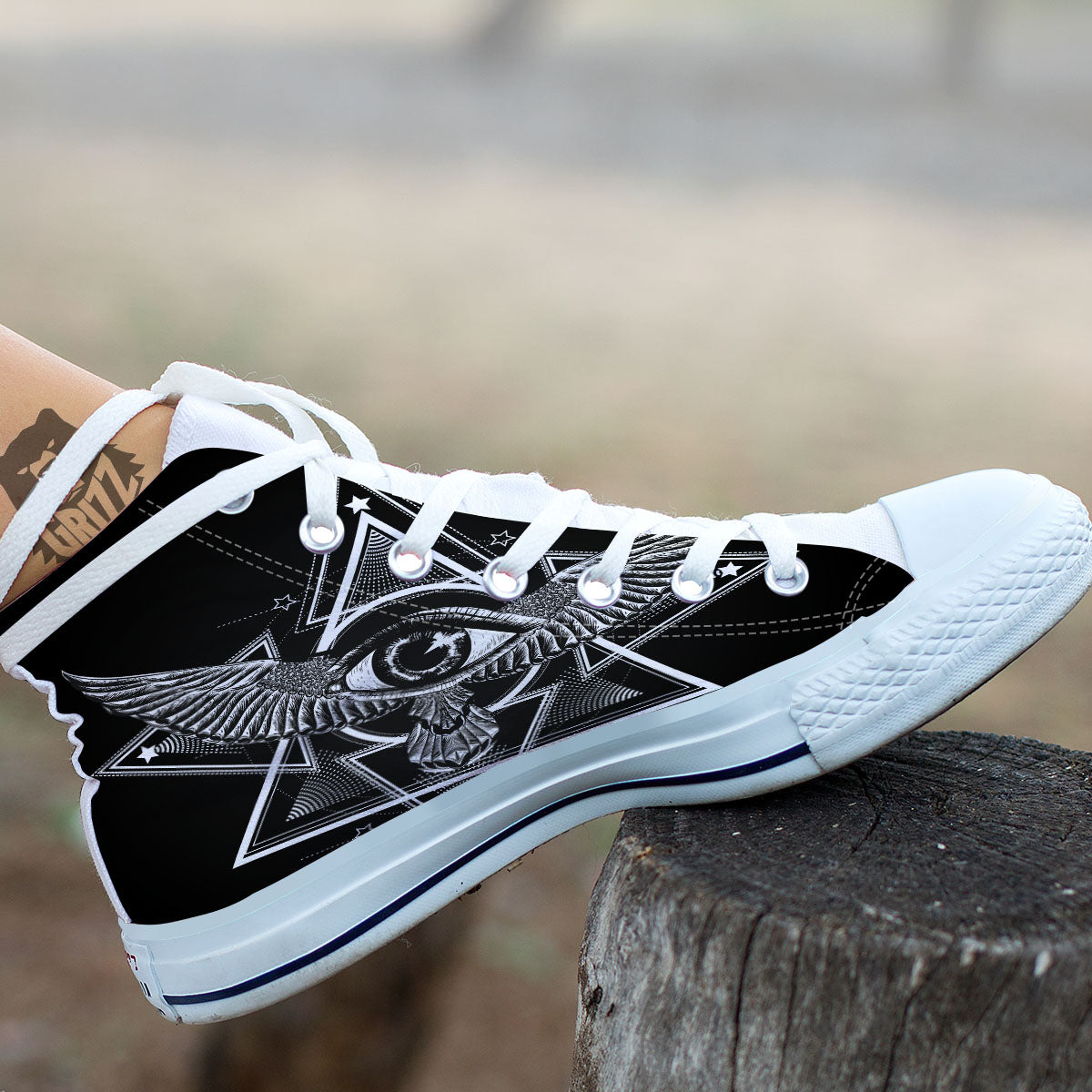 All Seeing Eye Black And Silver Print White High Top Shoes-grizzshop