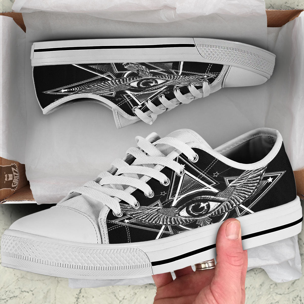 All Seeing Eye Black And Silver Print White Low Top Shoes-grizzshop