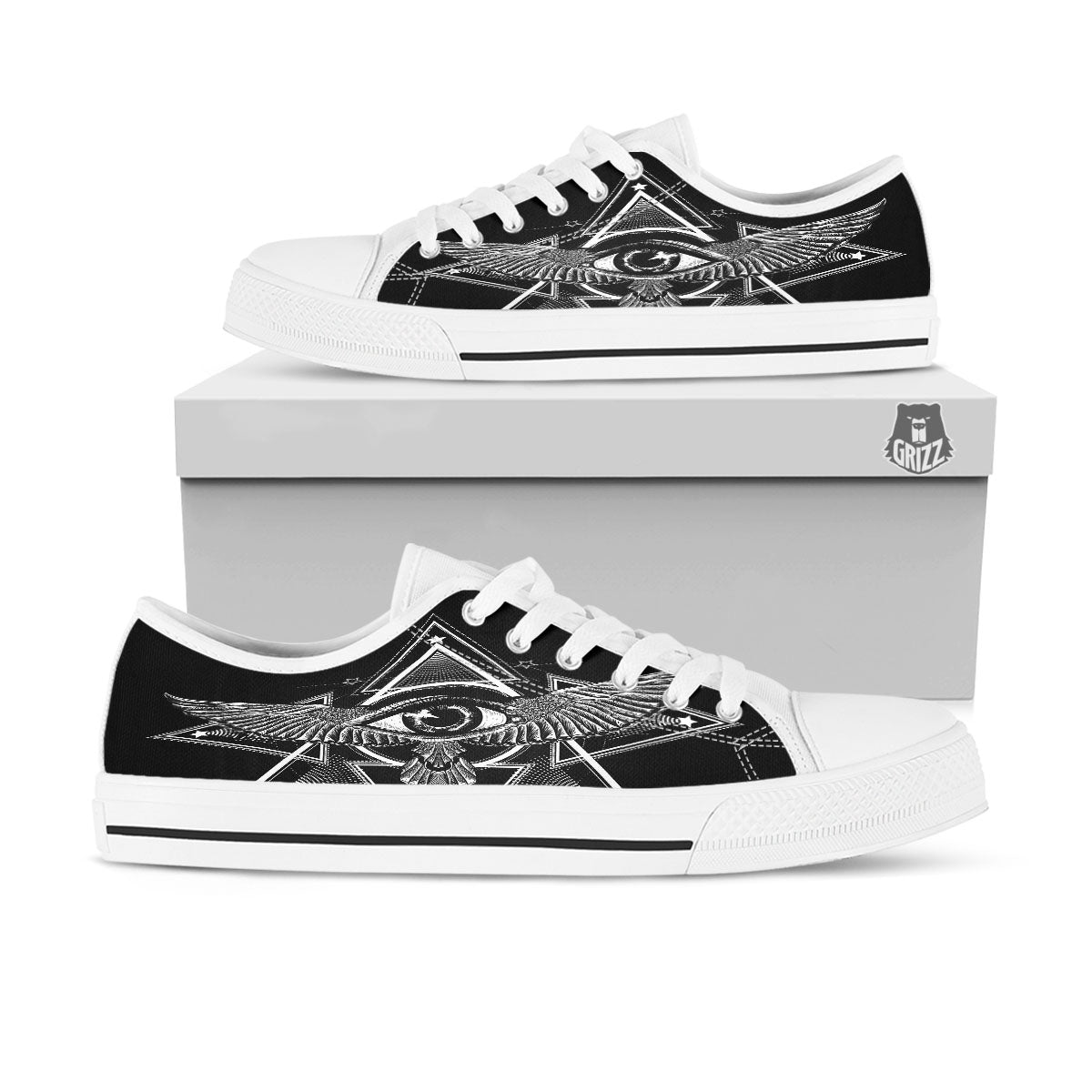All Seeing Eye Black And Silver Print White Low Top Shoes-grizzshop